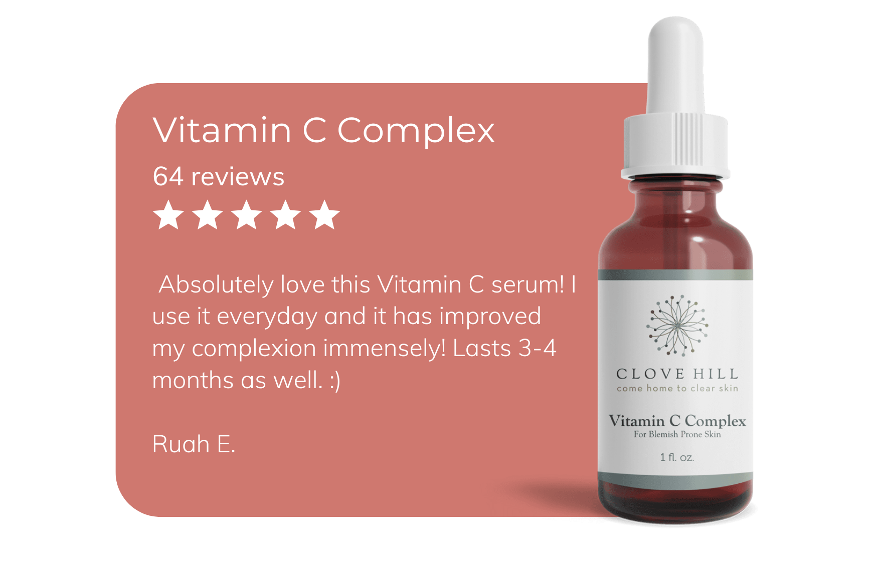 Product image of Clove Hill Complex C Vitamin alongside a review praising its effectiveness in improving skin texture and radiance.